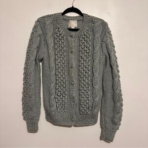 Vintage Hand Knit Bobble 3D Knit Grey Cabled Cardigan Sweater Size Large